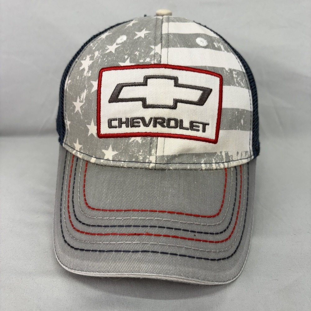 Chevrolet Trucker Hat USA Flag Mens OSFM Grey Patriotic Snapback Cap